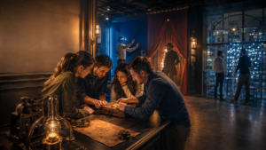 groupe vivant une activité immersive à Paris dans une ambiance sombre et cinématographique
