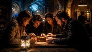Groupe en pleine réflexion pendant une activité immersive de type escape game à Paris