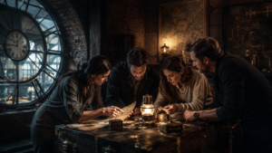 Groupe résolvant une énigme avec un timer dans un escape game avec une vraie ambiance à Paris