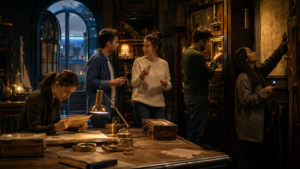 Groupe d’amis observant ensemble les indices d’une activité immersive à Paris