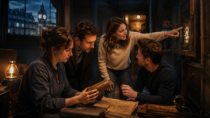 Groupe d’amis participant à une activité originale et immersive à Paris