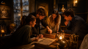 Groupe d’amis résolvant une énigme dans un décor immersif, idée d’activité originale à Paris