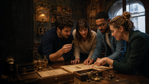 Groupe d’amis coopérant pour résoudre une énigme lors d’un premier escape game