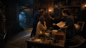 Groupe de joueurs explorant le décor immersif d’un escape game à Paris