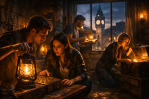 Groupe en escape game immersif à Paris 12 résolvant une énigme dans une ambiance sombre et lumineuse près de Gare de Lyon