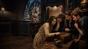 Groupe de joueurs concentrés autour d’un mécanisme dans une salle d’escape game immersive à Paris