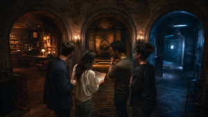 Groupe de joueurs explorant un décor d’escape game immersif à Paris