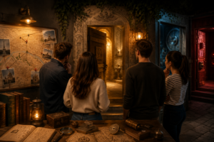 Groupe face à plusieurs portes d’escape game immersif avec carte de Paris et objets d’enquête