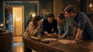 Groupe de joueurs découvrant les règles d’un escape game avant leur mission